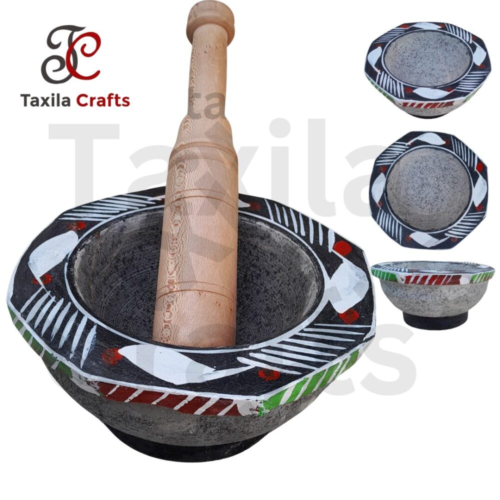 Taxila Crafts 9-Inch Black Stone Chattu Watta | Langri Danda Set with Free Wooden Pestle