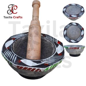 Taxila Crafts 9-Inch Black Stone Chattu Watta | Langri Danda Set with Free Wooden Pestle