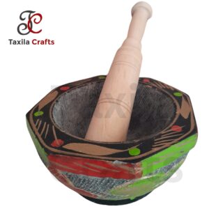 Taxila Crafts 9-Inch Hand-Carved Stone Mortar & Pestle | Langri Danda Set with Free Wooden Pestle