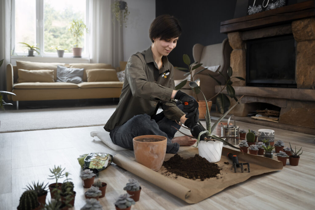 full-shot-woman-gardening-home
