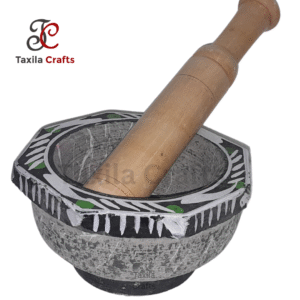 Taxila Stone 7" Fully Plain Surface Mortar & Pestle – Langri Danda with Wooden Pestal Chanar wood