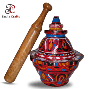 11-Inch Hand-Painted Stone Mortar with Lid & 14-Inch Wooden Pestle – Kalamkari Design Chattu Watta for Kitchen & Gift Use