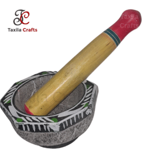 Taxila Stone 7" Fully Plain Surface Mortar & Pestle – Langri Danda with Wooden Pestal