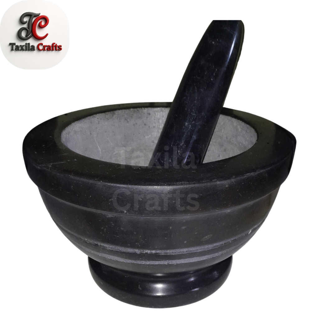 Taxila Crafts Customized Black Stone Mortar & Pestle – Handcrafted, Polished Outside & Rough Inside for Authentic Grinding – Order on WhatsApp