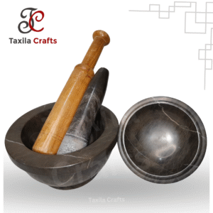 Taxila Crafts 9" Chocolate Shade Stone Chattu Watta Kharal with Lid – Traditional Mortar & Pestle (Free Wooden & Stone Pestle)