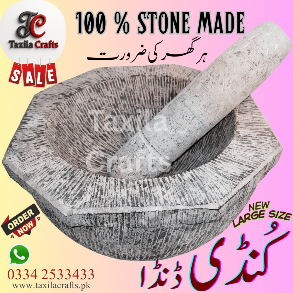 Large Size 10-Inch Handmade with stone Pestle 8-Sided (Octagon) Black Stone Mortar & Stone Pestle – Fully Textured | Taxila Hills Stone