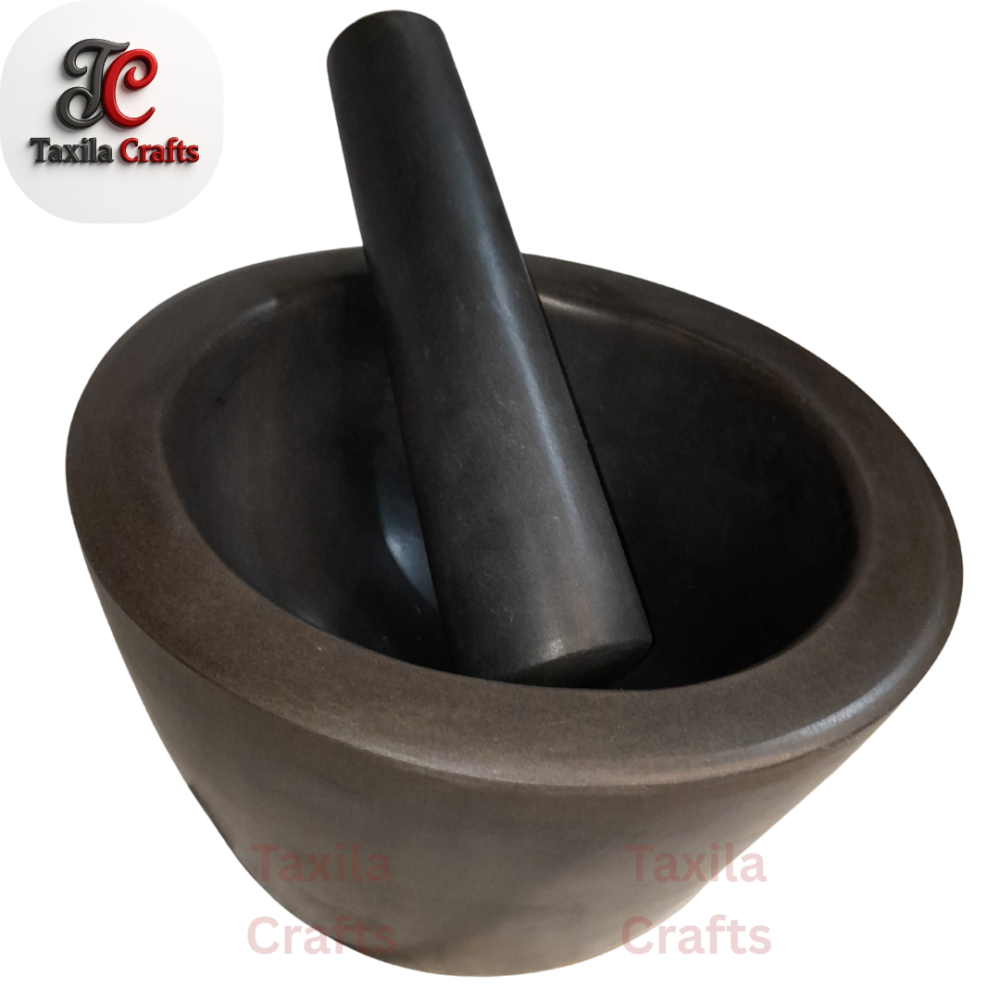Hard Haroi Stone Kharal Maker in Pakistan – 9 Inch Gol Pyala Shape Hikmat Kharal with 7 Inch Stone Pestle | Taxila Crafts