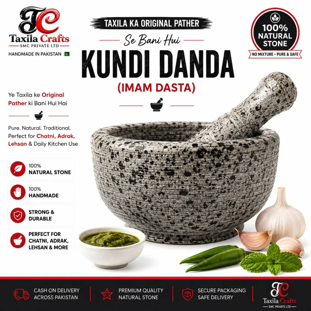 Taxila Crafts Original 7 Inch Round Taxila Hills Black Stone Kundi Danda (Imam Dasta) | Handmade Natural Mortar & Pestle
