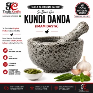 Taxila Crafts Original 7 Inch Round Taxila Hills Black Stone Kundi Danda (Imam Dasta) | Handmade Natural Mortar & Pestle